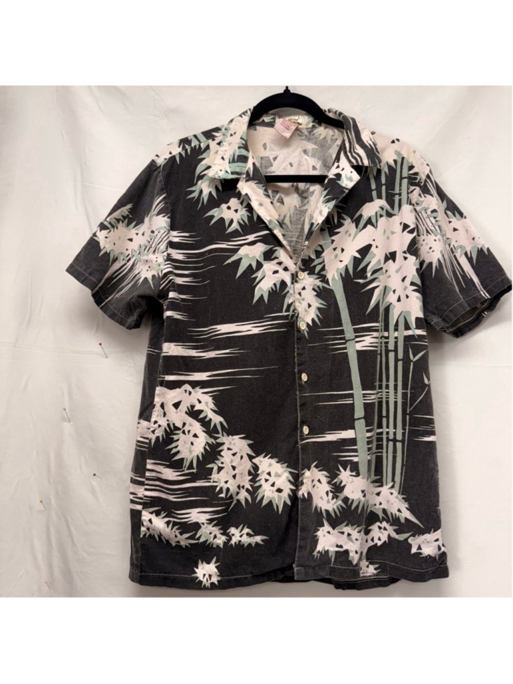 Vintage Men's Paradise Casual Button Down Shirt L Black White Bamboo Print